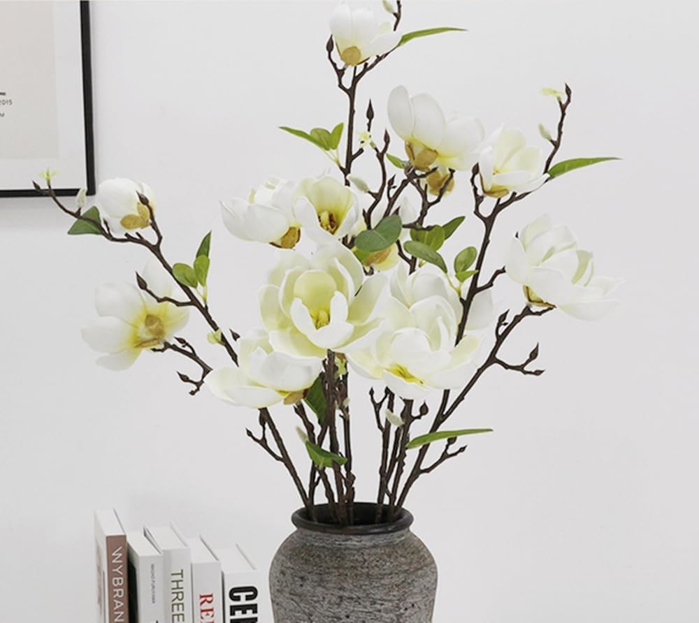 2 Artificial Magnolia Flowers with Stems, 3D Genuine Touch Fake Magnolia Bran…