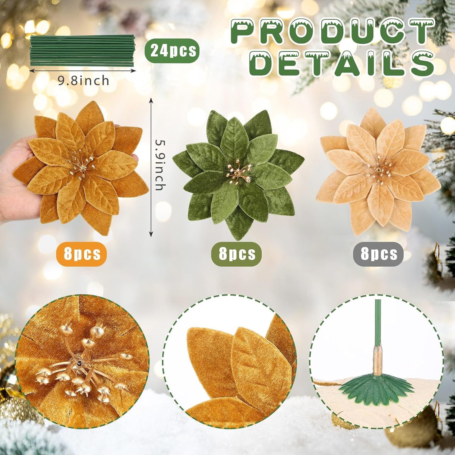 24 Pcs Christmas Velvet Poinsettia Flowers Artificial 6” Xmas Velvet Flowers…