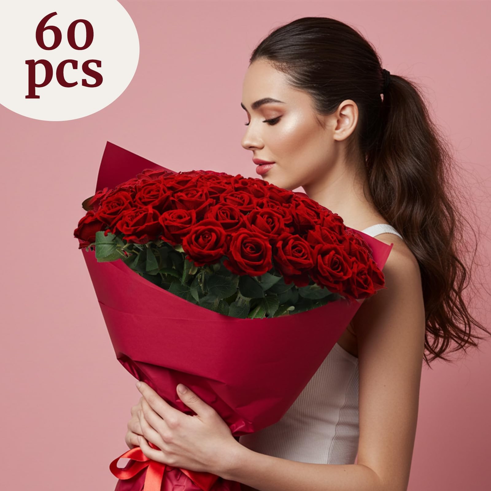 60Pcs Red Roses Artificial Flowers, Velvet Silk Faux Roses, Realistic Red Flo…