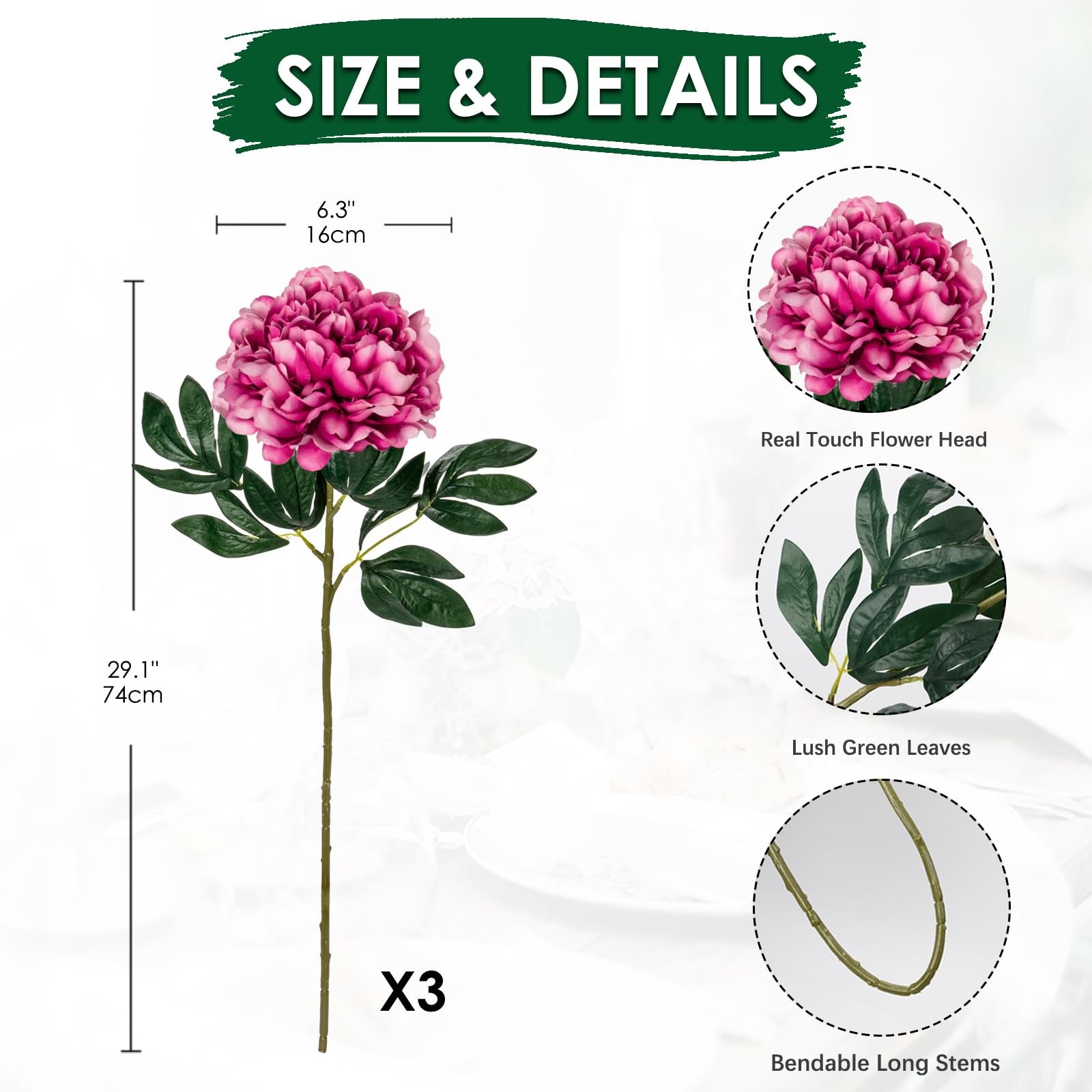 3PCS Fake Peonies Flowers 29.1” Long Stem Silk Flowers Real Touch Artificial…