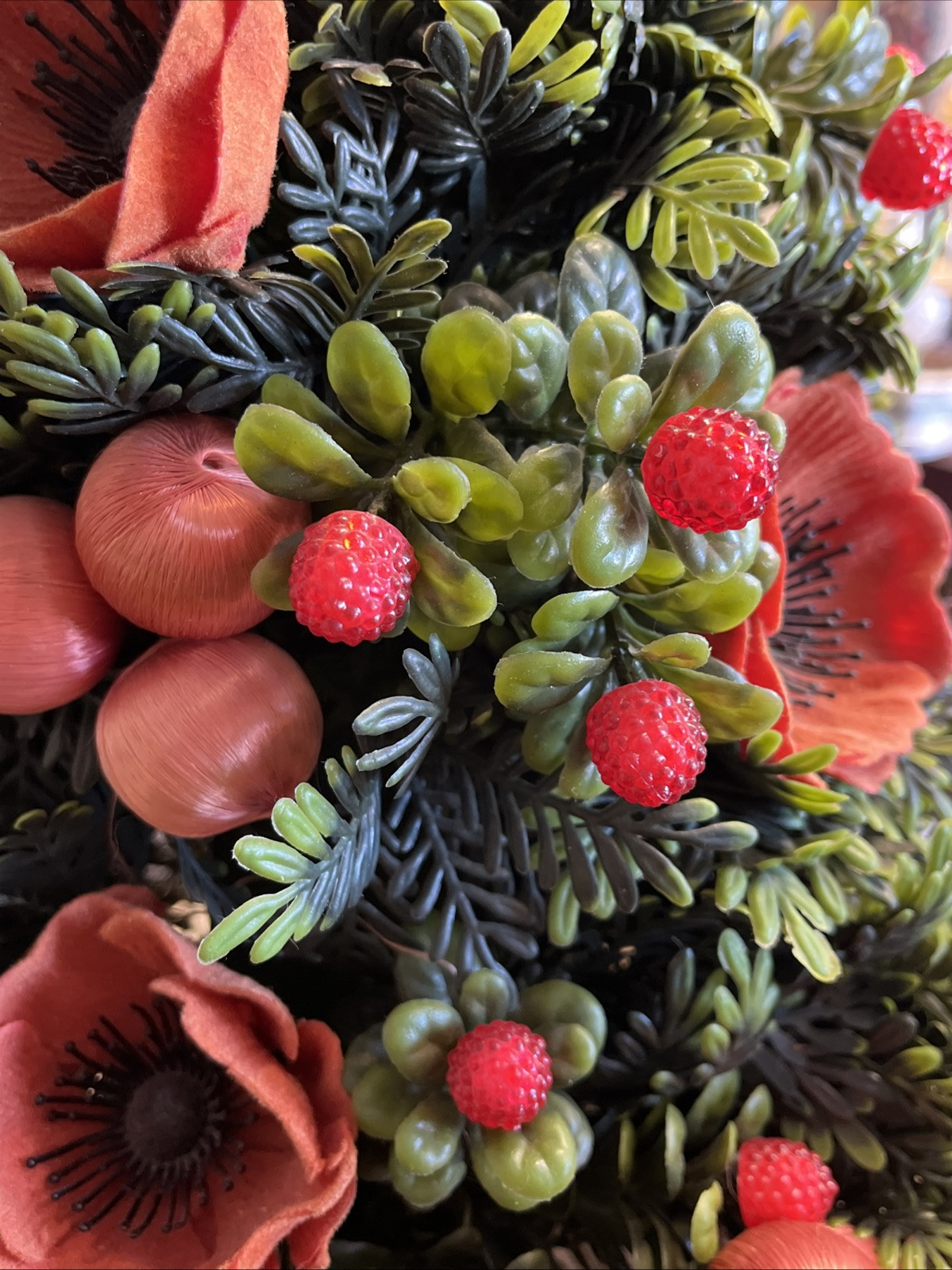 Vtg Mid-Century Plastic Floral Poppies Fruit Arrangement Centerpiece Xmas Tree