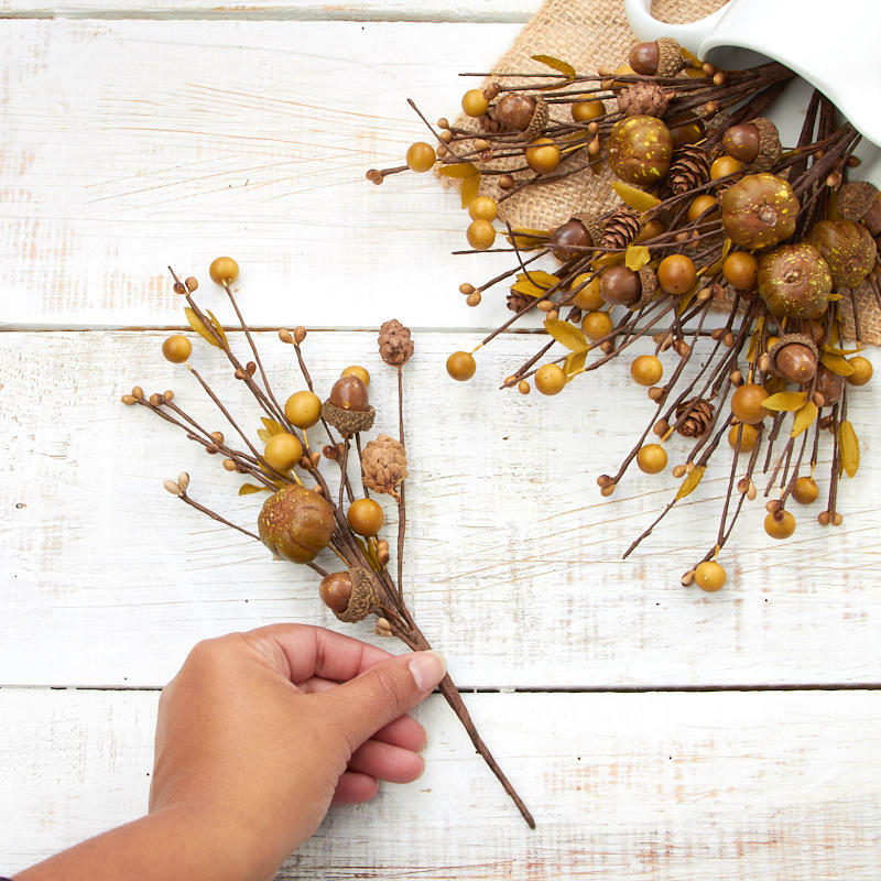 Package of 6 Green Brown Faux Berry, Acorn, and Pumpkin 9-1/2″ Floral Picks
