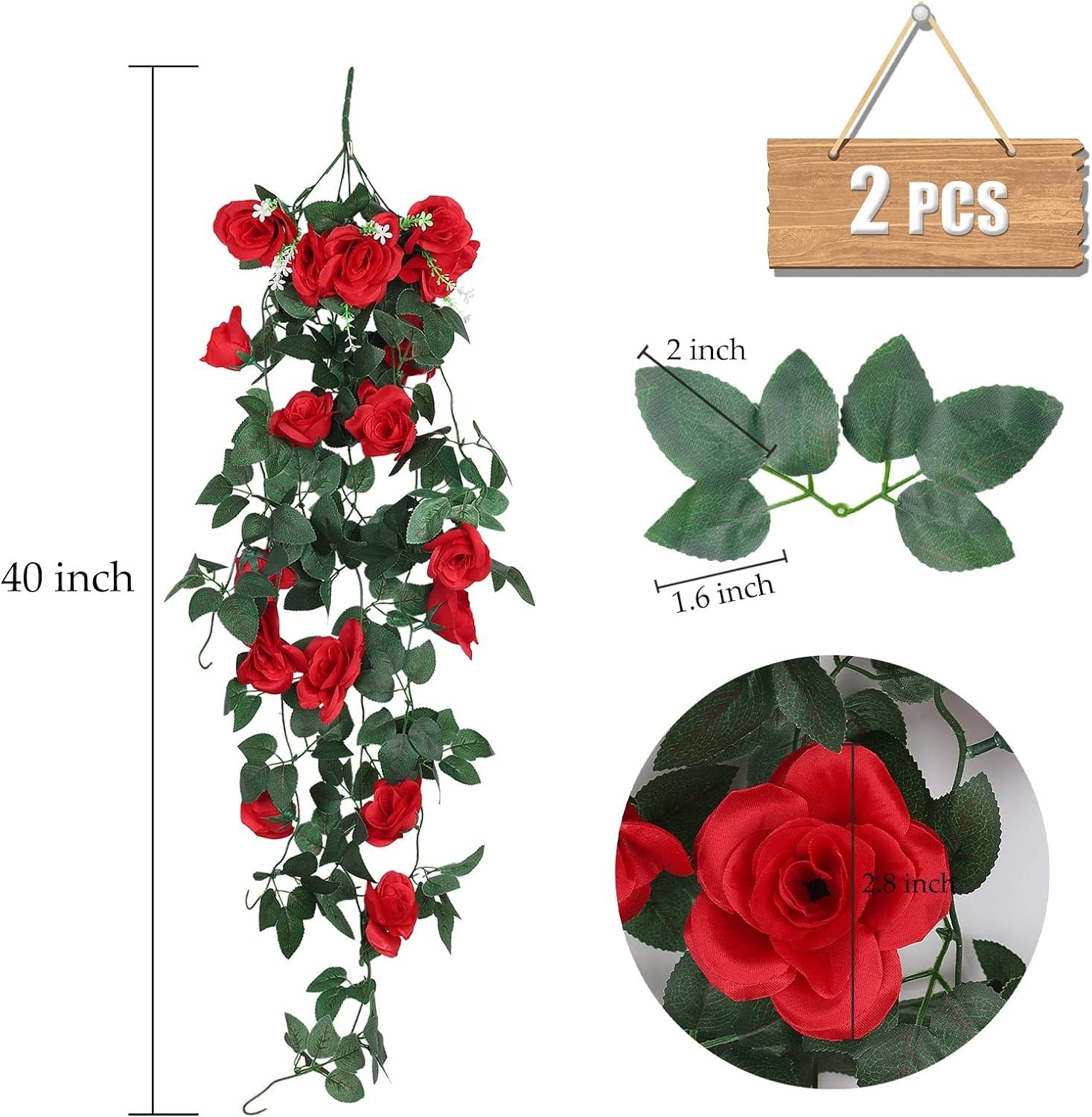 Lifelike Hanging Flower Vines 2PCS 3.3 Feet Red Rose Decoration for Weddings