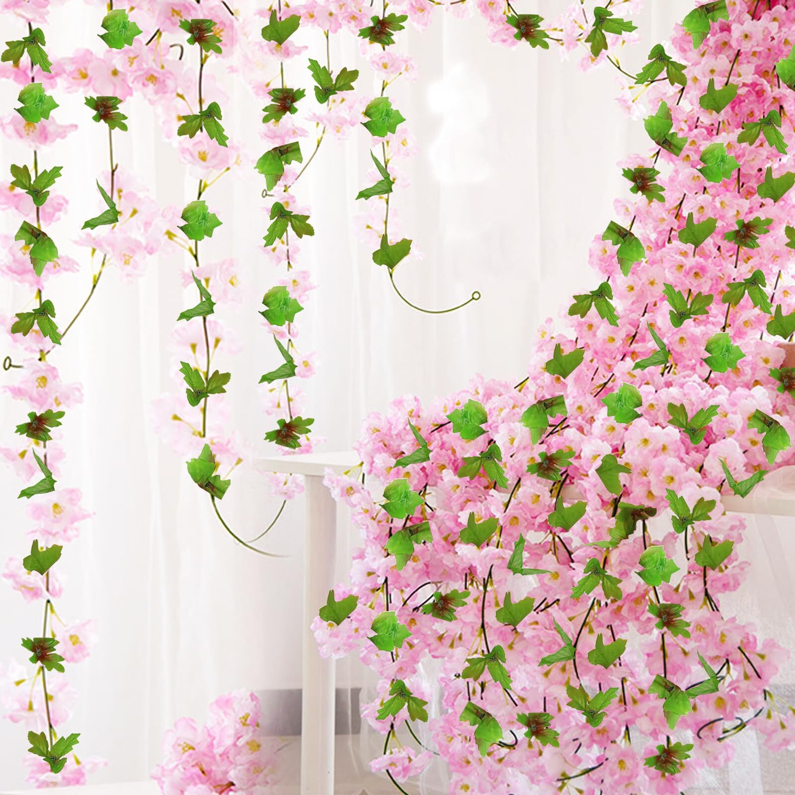 Dark Pink Artificial Cherry Blossom Flower Vines 6PCS Fake Sakura Decor