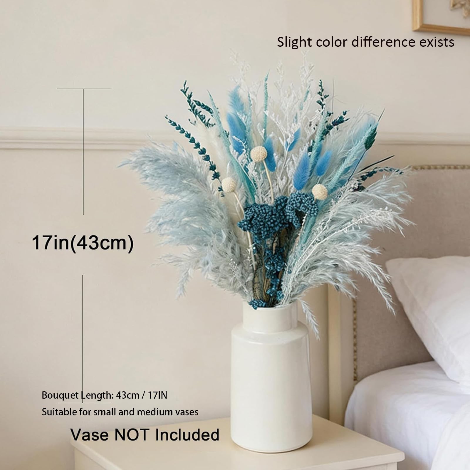 Natural Dried Pampas Grass Bouquet, 17″ Dusty Blue & Multi-Shade Blue White P…