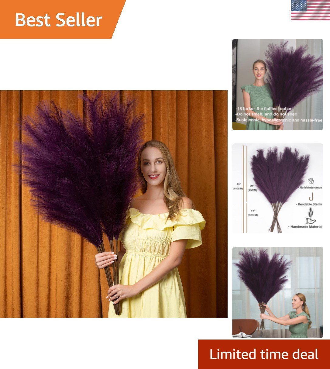 Luxury Faux Pampas Grass Decor – 6 Purple Stems, 43″ for Stylish Arrangements