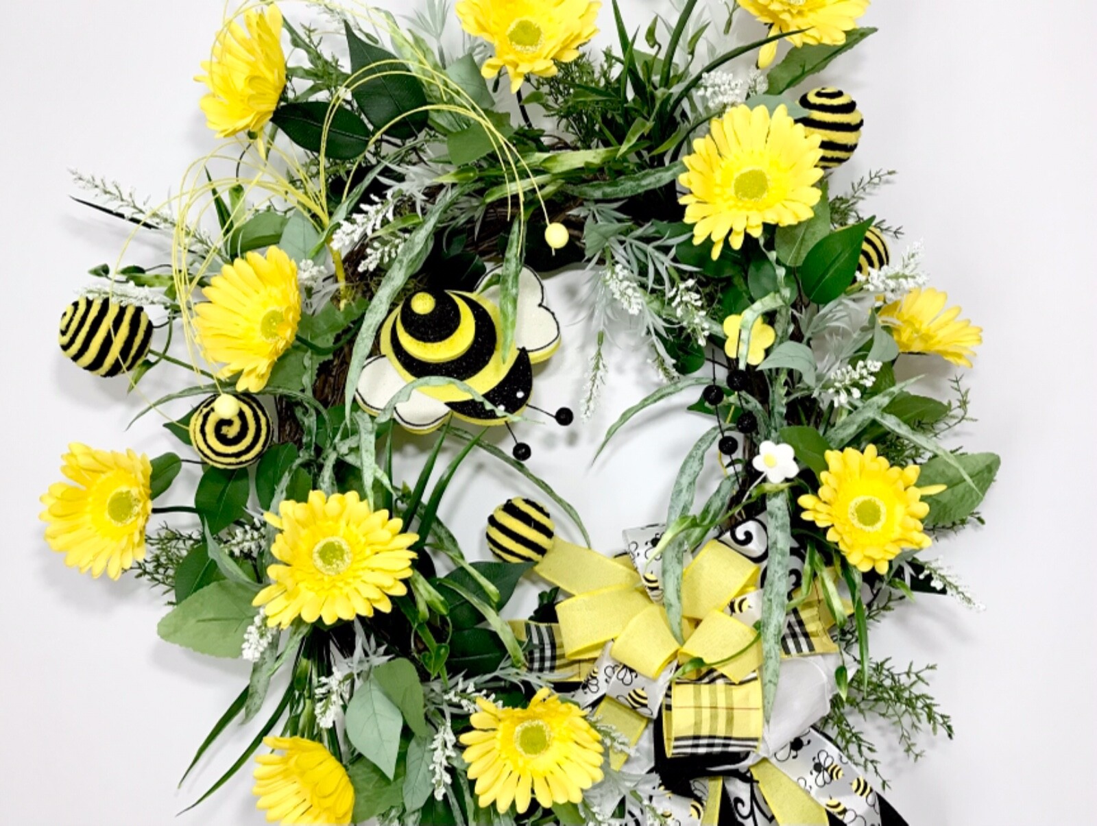 LARGE BRIGHT SPRING SUMMER BEE GRAPEVINE DOOR WREATH YELLOW FLORAL DECOR GIFT