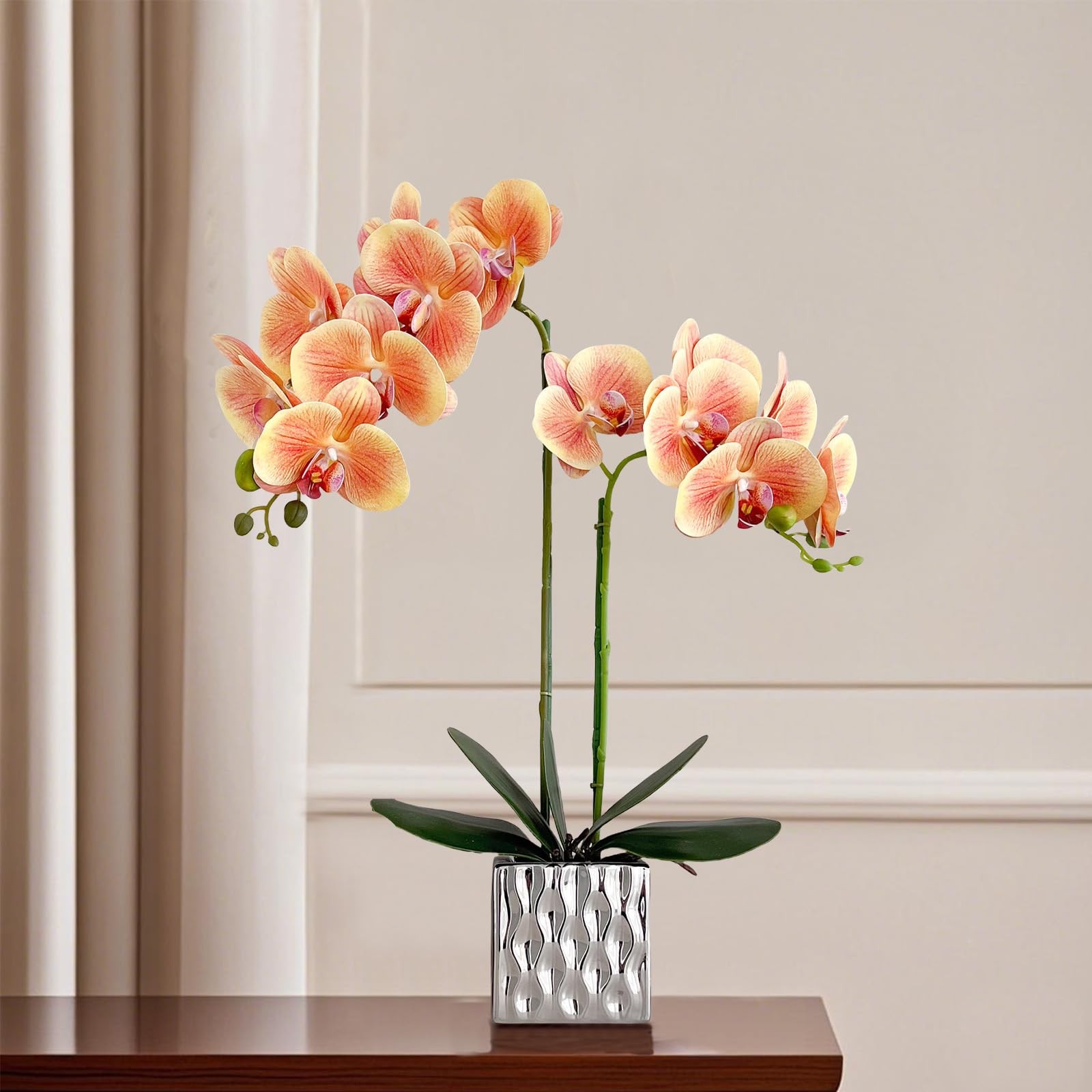 20 Inch Orange Artificial Faux Orchid Silk Flower Arrangement Silver Vase