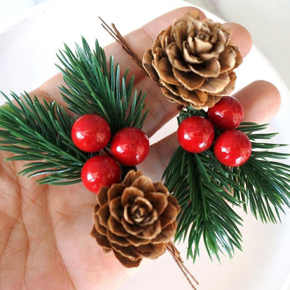 10pcs Red Christmas Berry Artificial Flower Pine Cone Branch Party Xmas Supplies