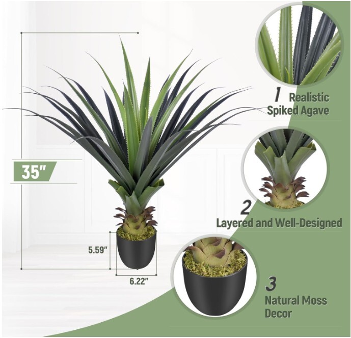 3Ft Artificial Spiked Agave Plant, 36″ Faux Agave Plants Indoor Small Floor Plan