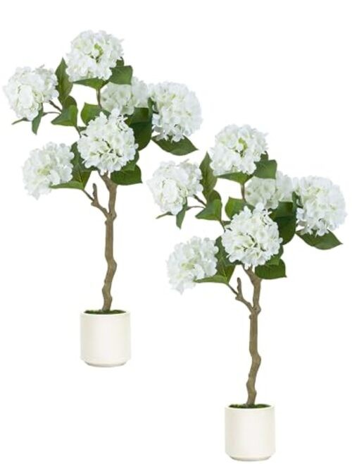 Fake Tree: 2pc 39 Inch Artificial Silk Plants for Home 3.3ft White Hydrangea
