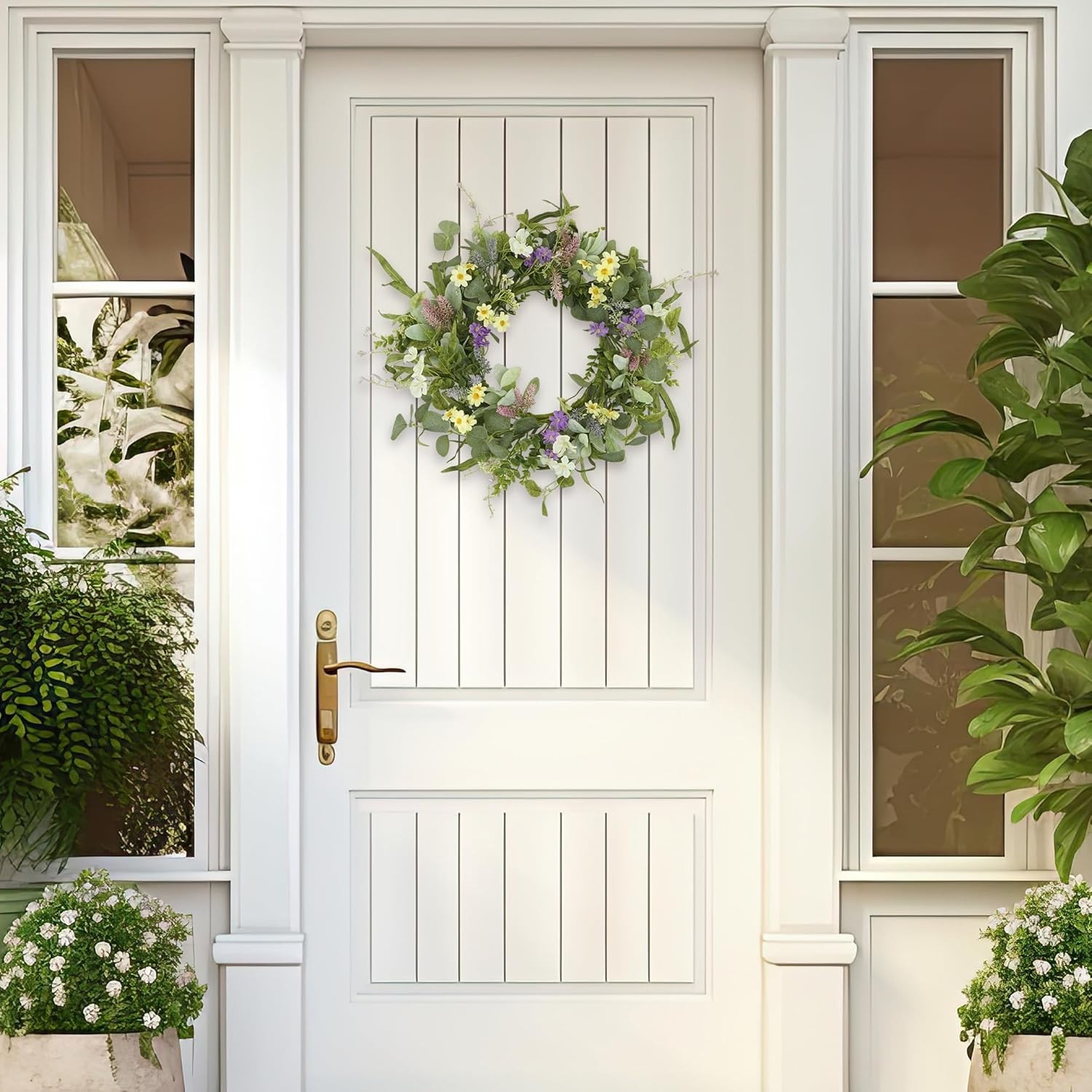 20-Inch Handcrafted Spring Summer Wreath with Eucalyptus & Multi-Colored Flowers