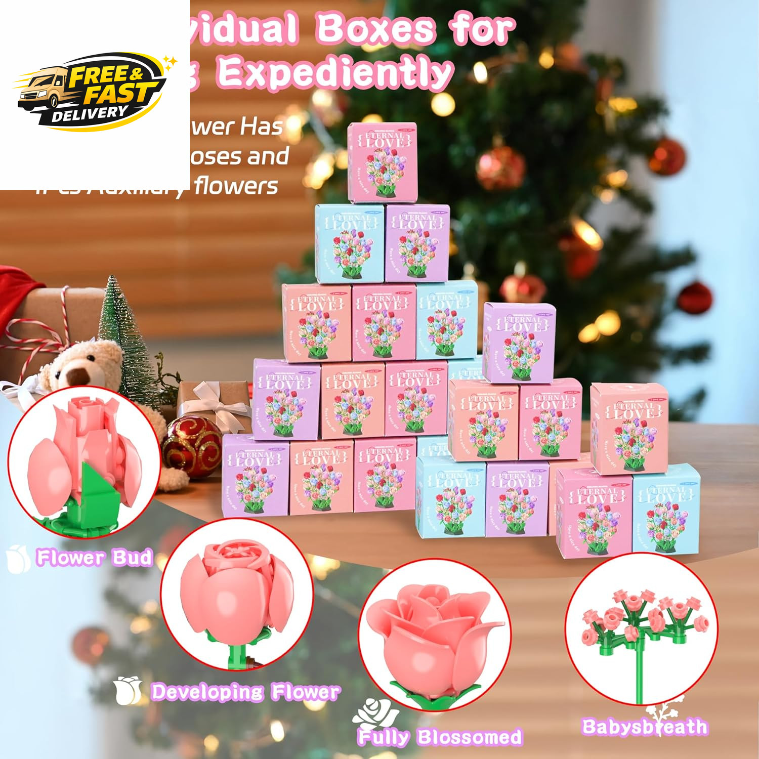 Colorful Rose Bouquet Flowers Building Set, 24 Boxes 1380Pcs Artificial Flowers