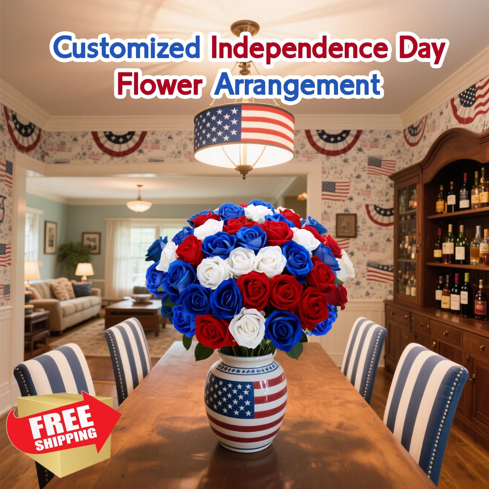 24pc Red White Blue Roses Artificial Flowers 4th July Patriotic Silk