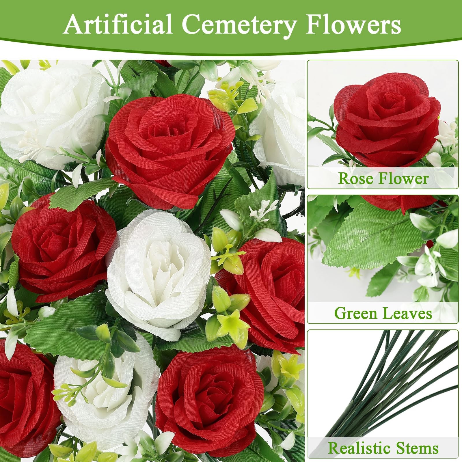 2pcs Artificial Cemetery Flowers with Vase, Silk Memorial Day Rose Flowers Bo…