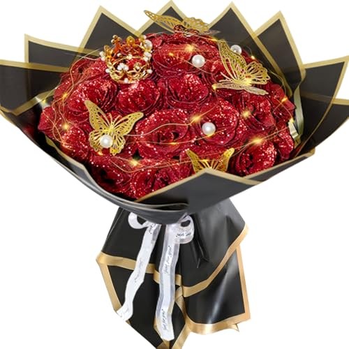 Red Glitter Roses Bouquet, 24 Pcs Shiny Glitter Flowers Bouquet, 24 PCS Red-a