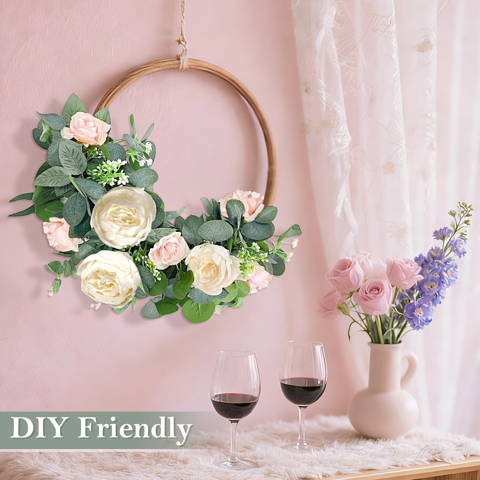 2 Pack Artificial Eucalyptus Flower Garland with 16 White Peony Pink Rose, 13…
