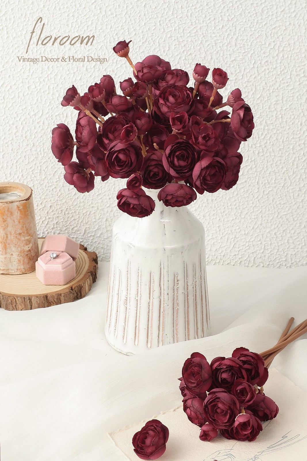 18 PCS Burgundy Artificial Ranunculus Faux Silk Mini Bulk Wedding Flowers