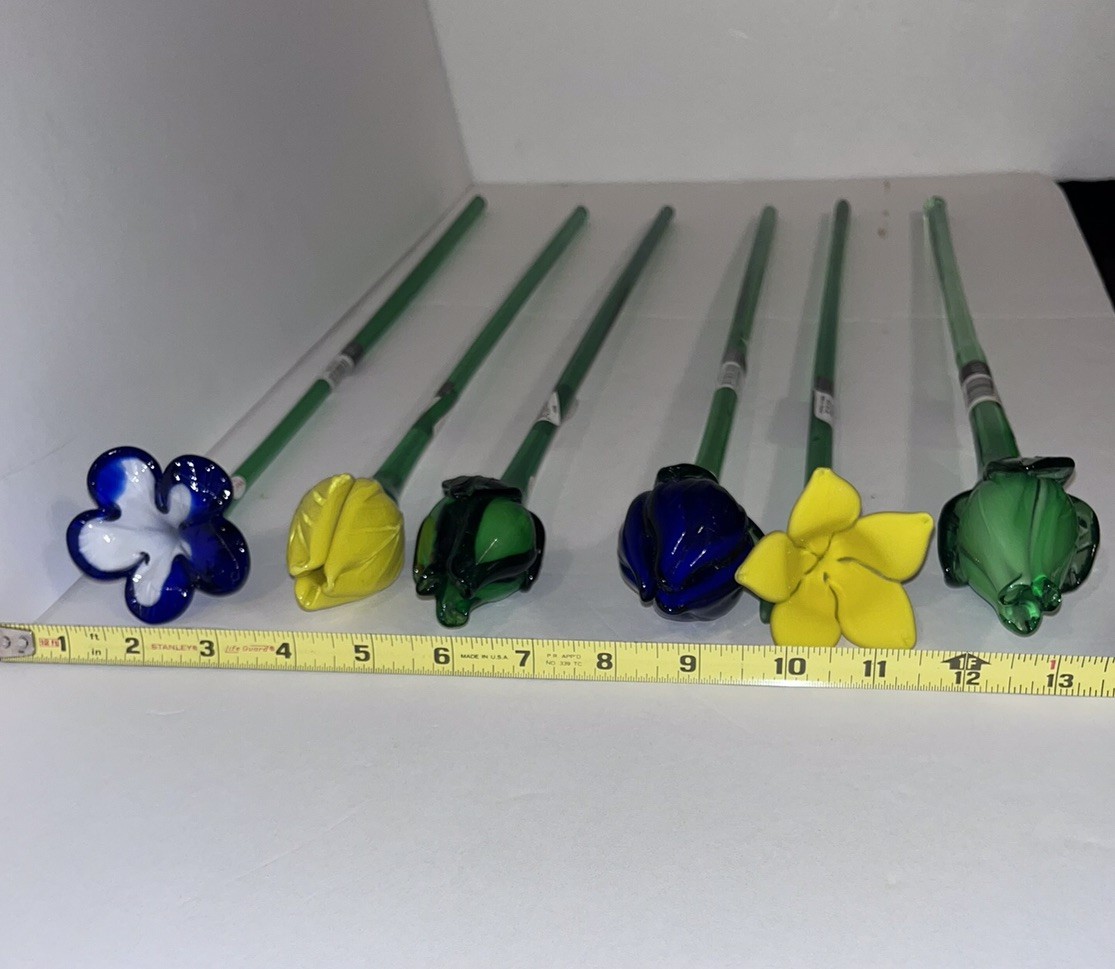 Hand Blown Vtg MIKASA Crystal Long Stem Art Glass Multicolor Flowers Lot Of 6
