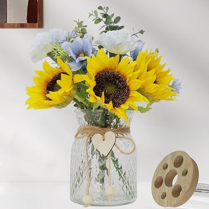 Blue-Yellow Sunflower Faux Flowers in Vase for Dining Room Table Centerpieces