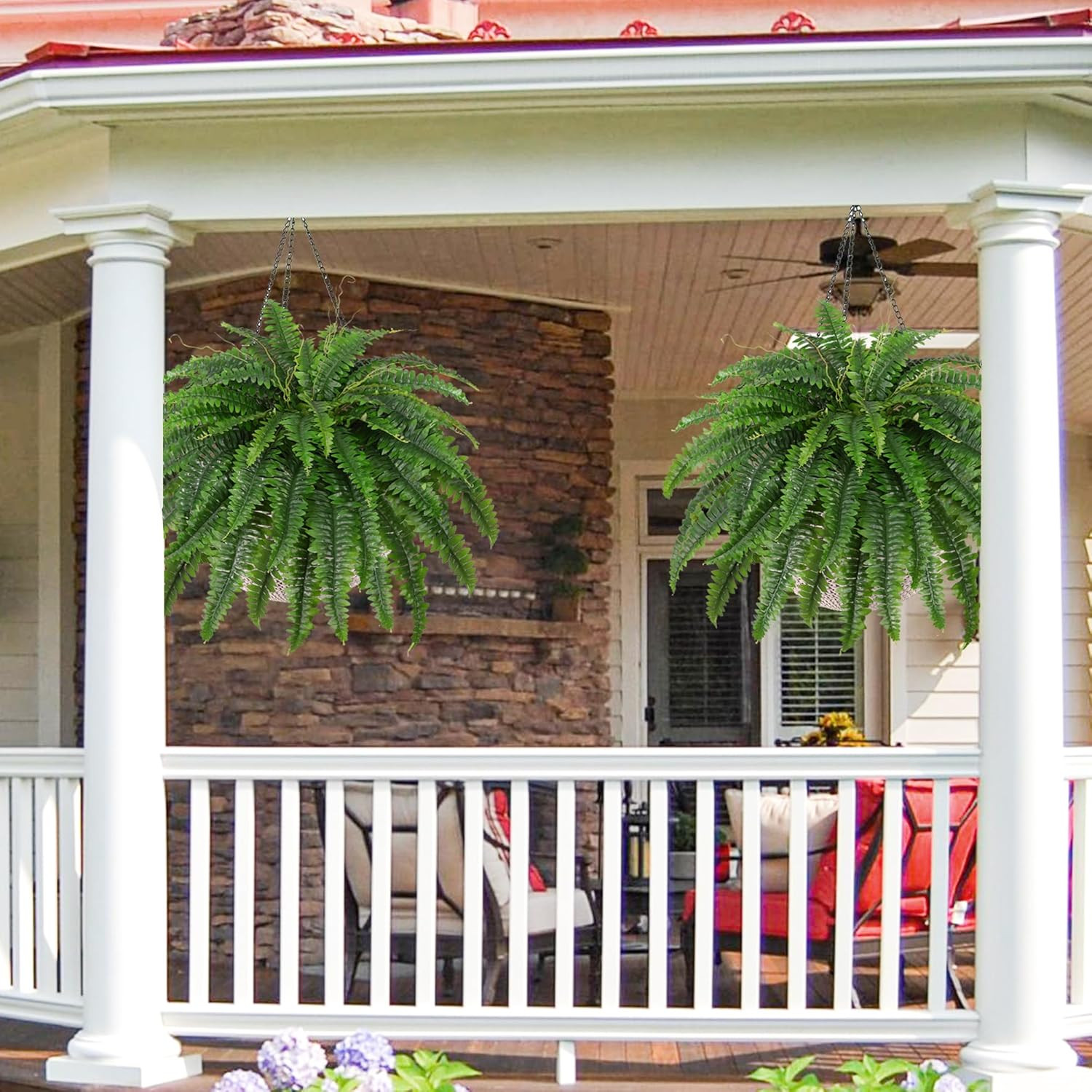 Artificial Boston Fern Bush- Set of 2 Large Artificial Ferns for Outdoors, 45Inc