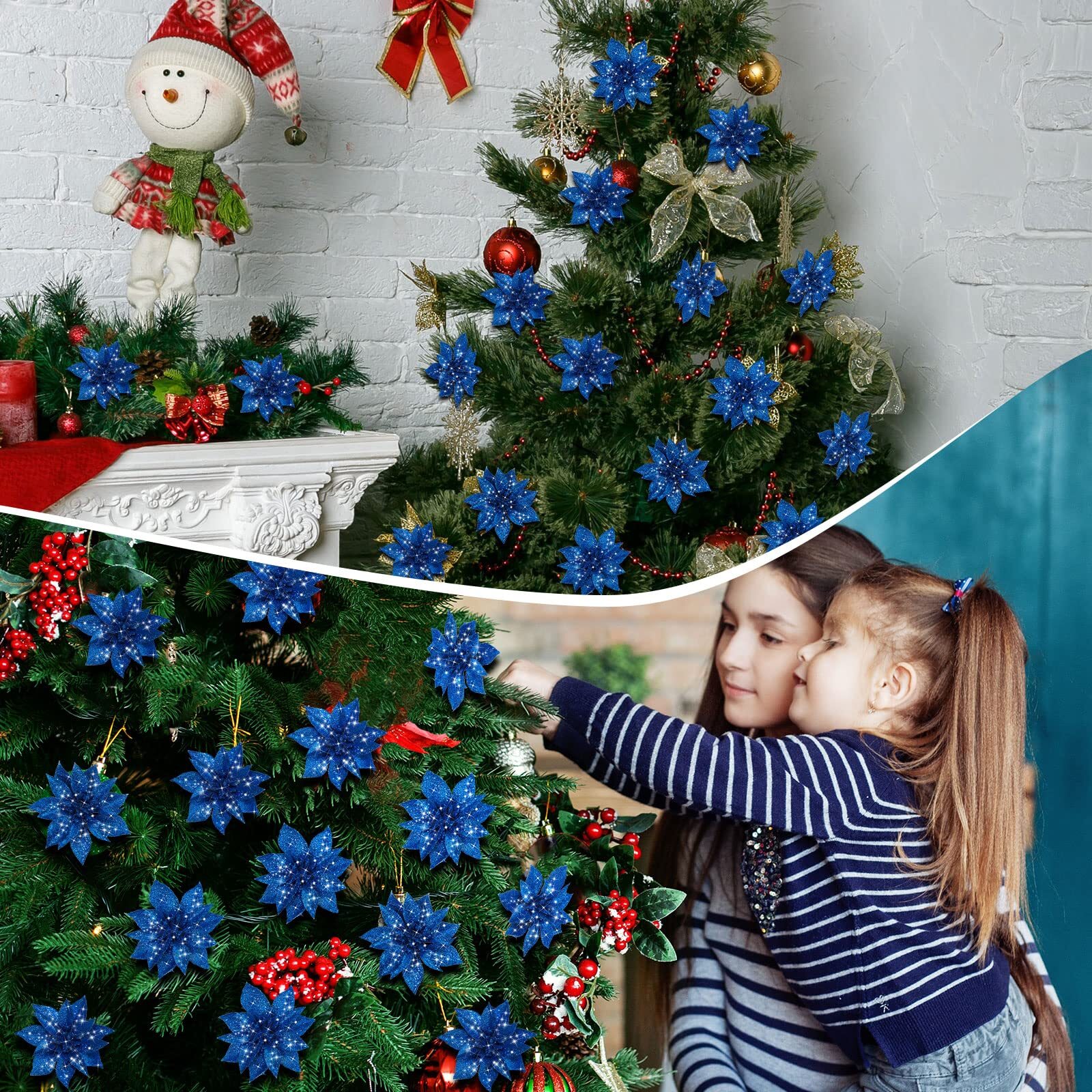 30 Pcs Dark Blue Christmas Glitter Artificial Poinsettia Flower Tree Decoration