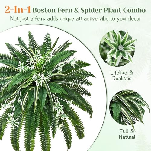 2 Pcs 48″ 2-in-1 Fake Ferns with Spider Plant, 48″-78 Branches-2 Pcs