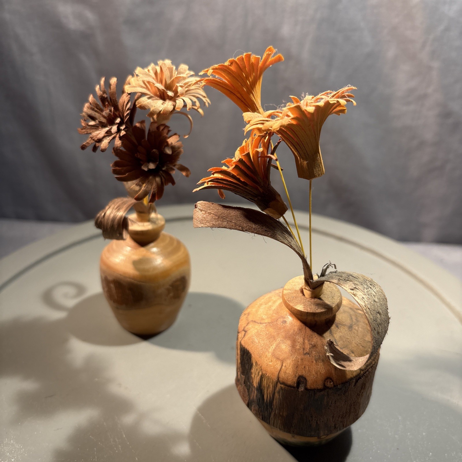 Set Of 2 ~ Wood Shaving Artificial Flowers in wood vase 6″ H Brown Orange Beige