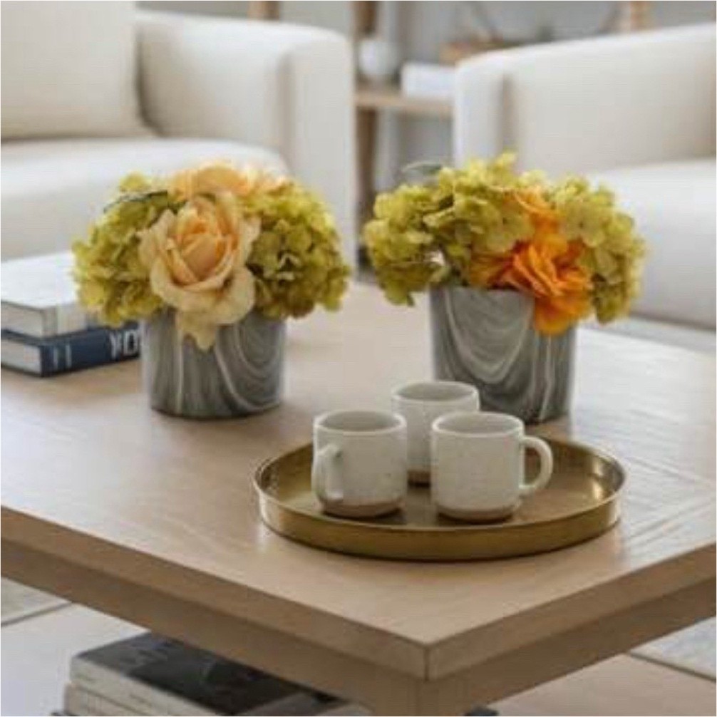 Artificial Rose Hydrangea Arrangements Marble Look Vases Yellow Orange Set of 2