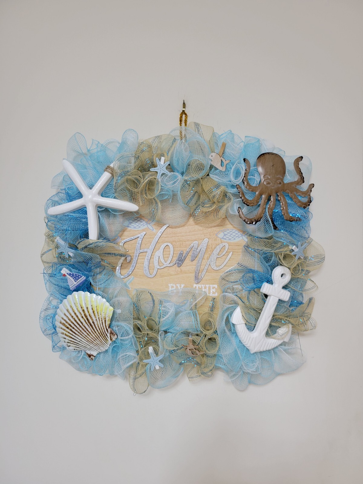 HOME by The Sea Coastal Spring Summer Mesh Front Door Wreath Wall Decor Beach