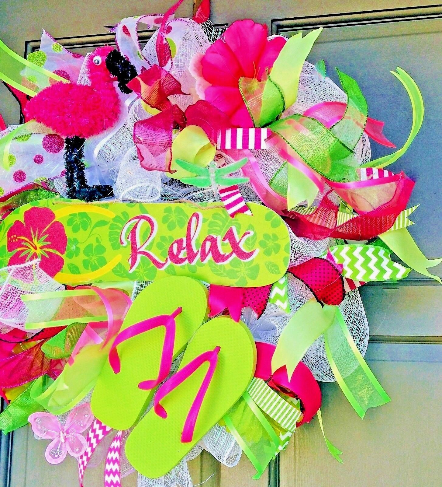 Spring Summer Flip Flop Front Door Wreath Large 24″ Floral Front Door Decor