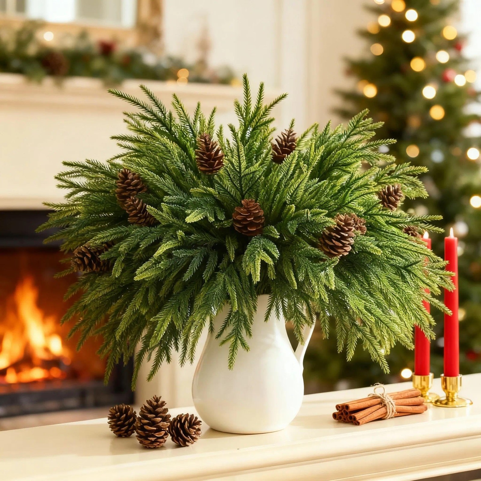 12 Pcs Norfolk Pine Stems with 5 Pcs Pine Cones 18″, Greenery Artificial Real…