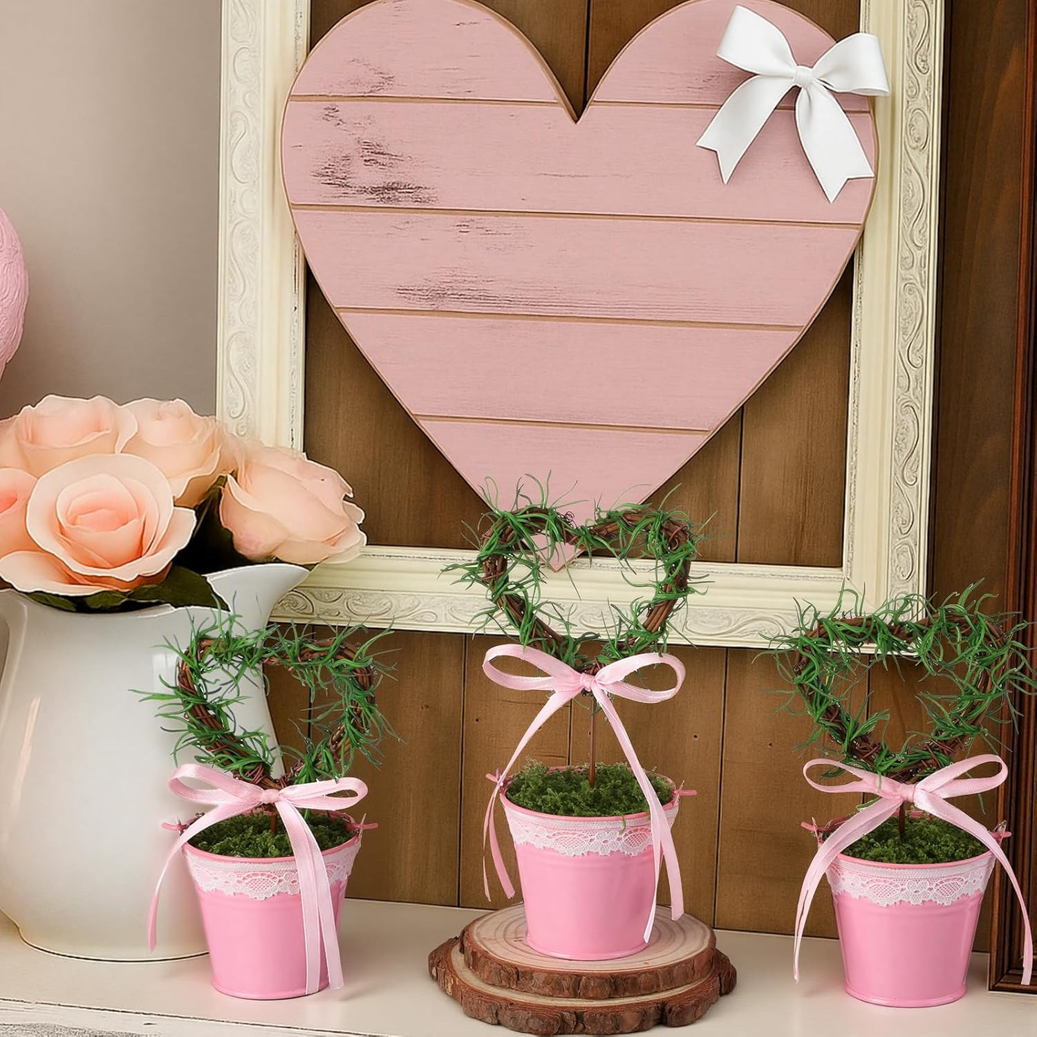 3 Pcs Valentine’s Day Heart Topiary Trees in Pots for Tabletop Decor