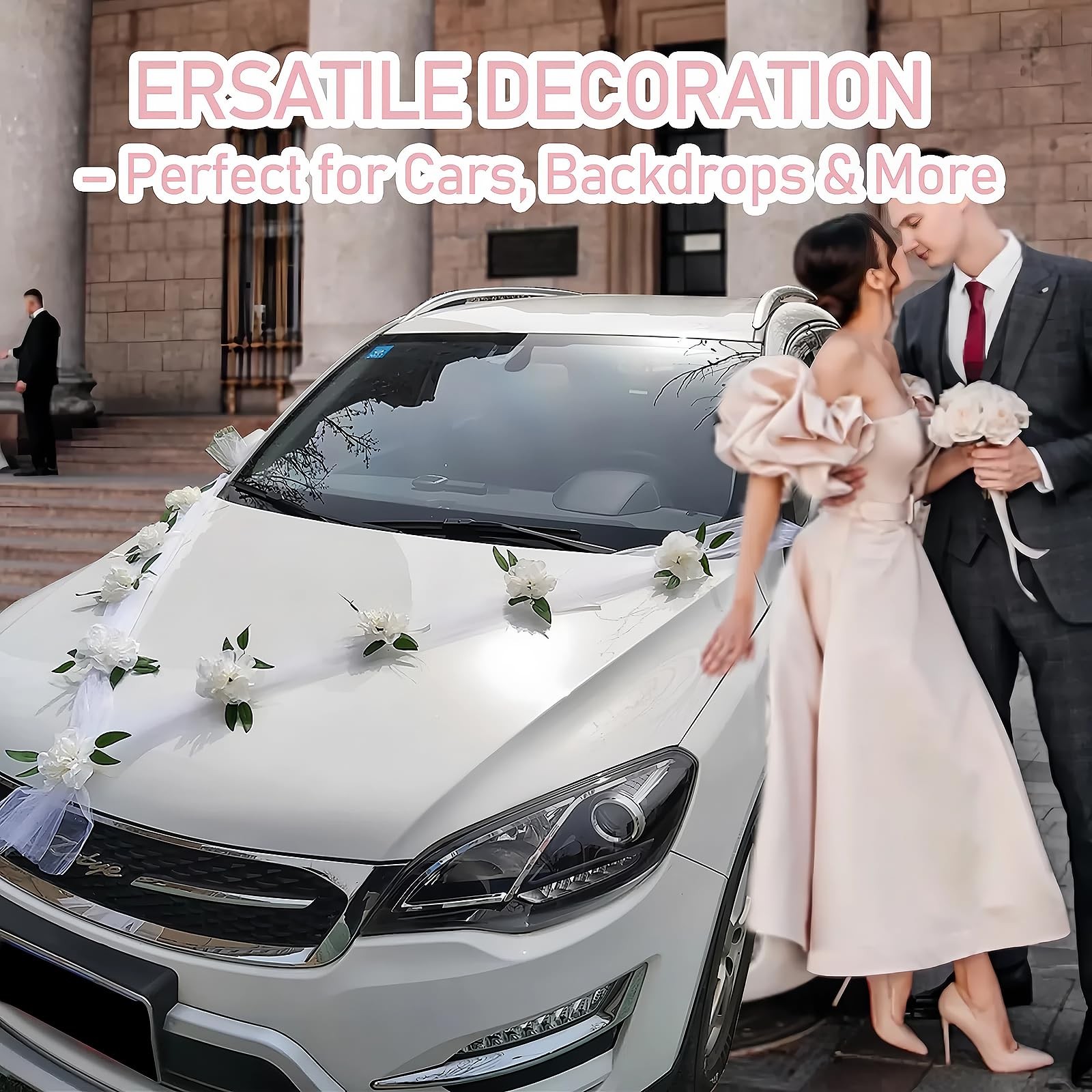 Luxury Wedding Car Decor Kit with White Artificial Floral Garland and Satin B…