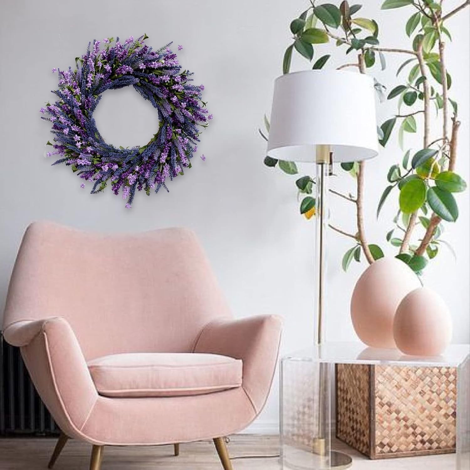 Luxurious 26-Inch Lavender Flower Wreath with Green Leaves for Home Elegance