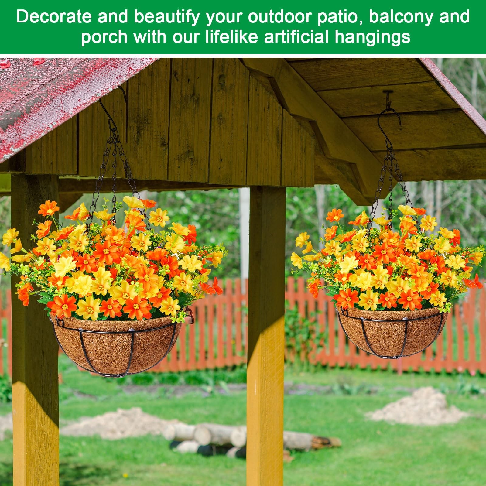 2 Pack Artificial Hanging Basket with Daisy Flowers, 12 Inch Faux Hanging Flo…
