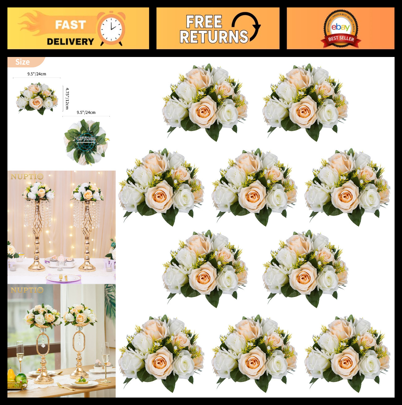 10 Pcs 9.5” Artificial Rose Flower Balls Centerpieces – Peach Champagne & White