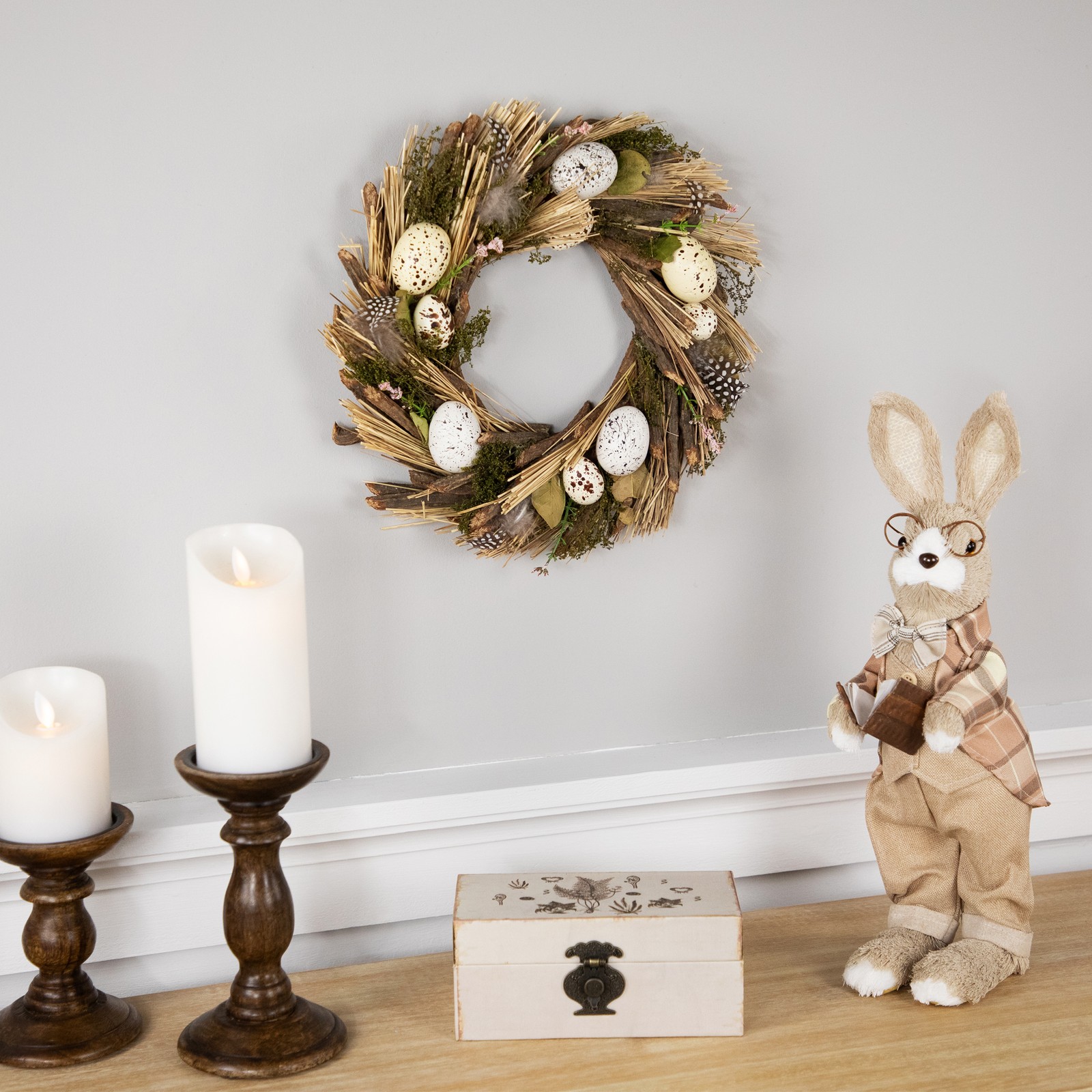 Northlight Speckled Eggs and Feathers Artificial Easter Wreath – 14″