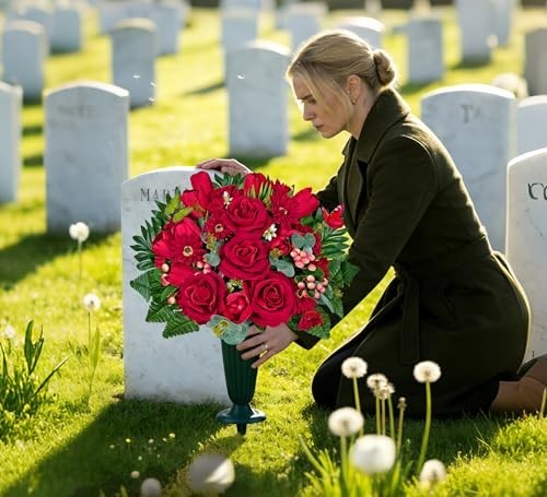 Artificial Cemetery Flowers with Vase – Realistic Red Roses & Tulips for Graves,