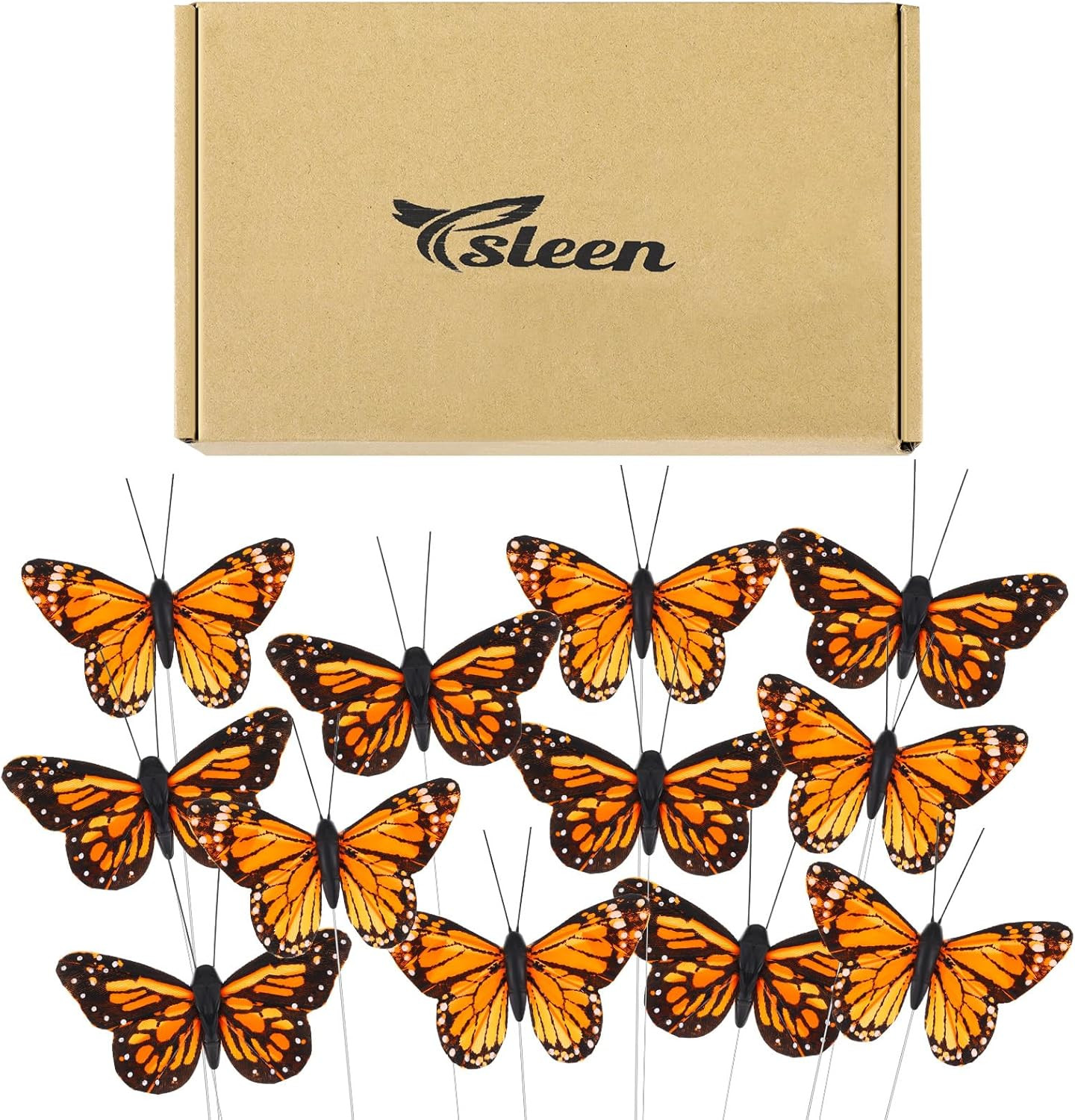 Ysleen 12 Set Monarch Butterfly Decoration Artificial Butterflies Feather Picks