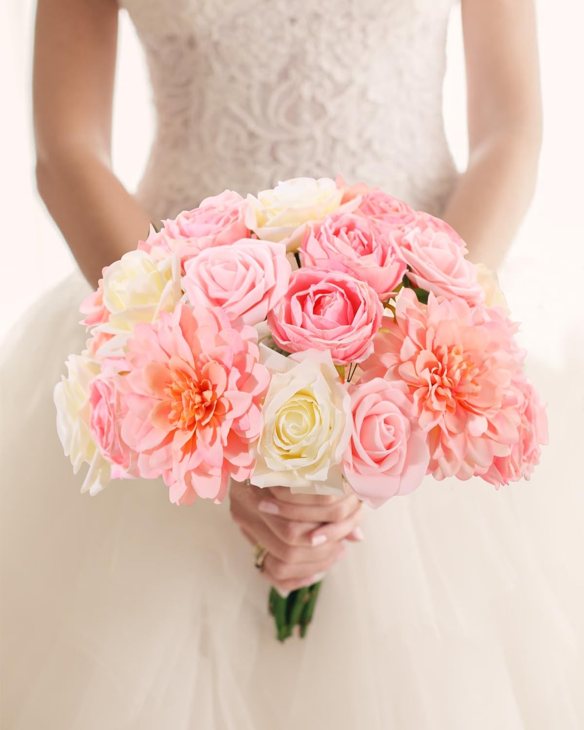 Artificial Flowers Combo, Peach Pink Silk Roses, Peonies, Dahlias with Stems …