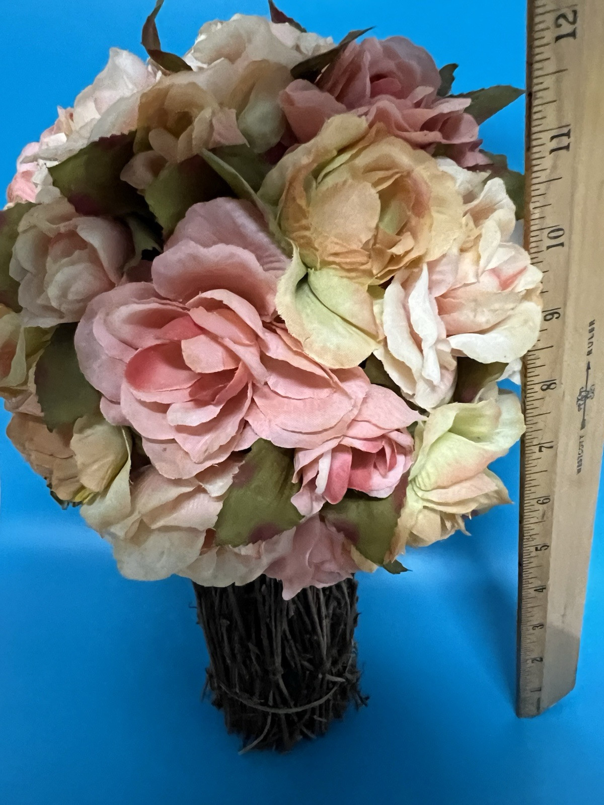 Vintage Flower & Straw Twig Standing Artificial Bouquet Of Roses Home Decor