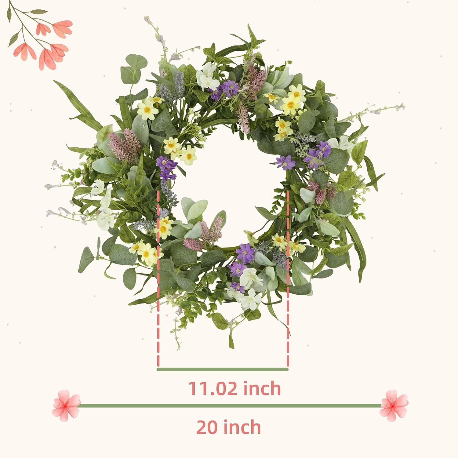 20-Inch Handcrafted Spring Summer Wreath with Eucalyptus & Multi-Colored Flowers