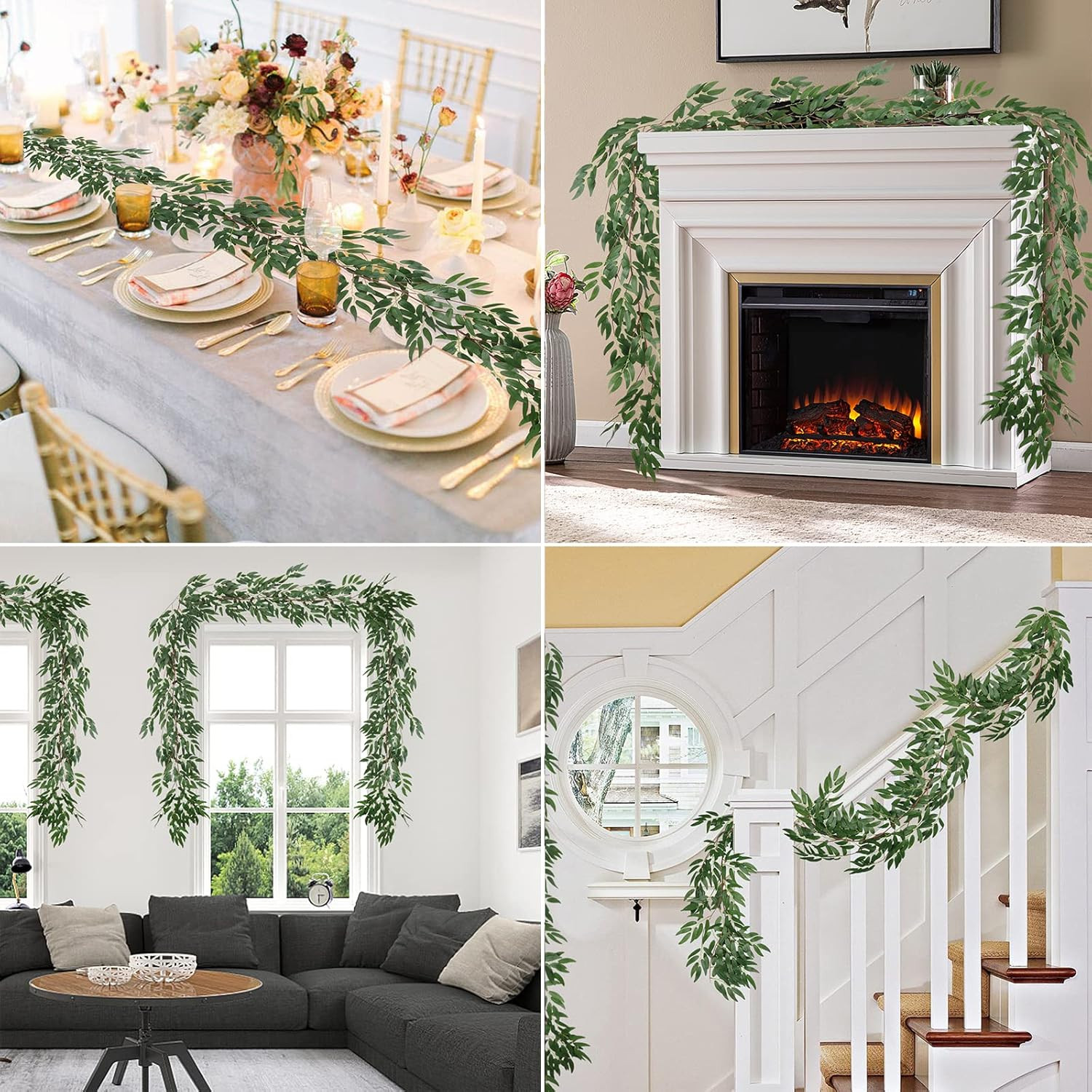 Artificial Willow Leaves Vine Twigs 2Pcs 5.7Ft Fake Hanging Ivy Plants Silk Gree