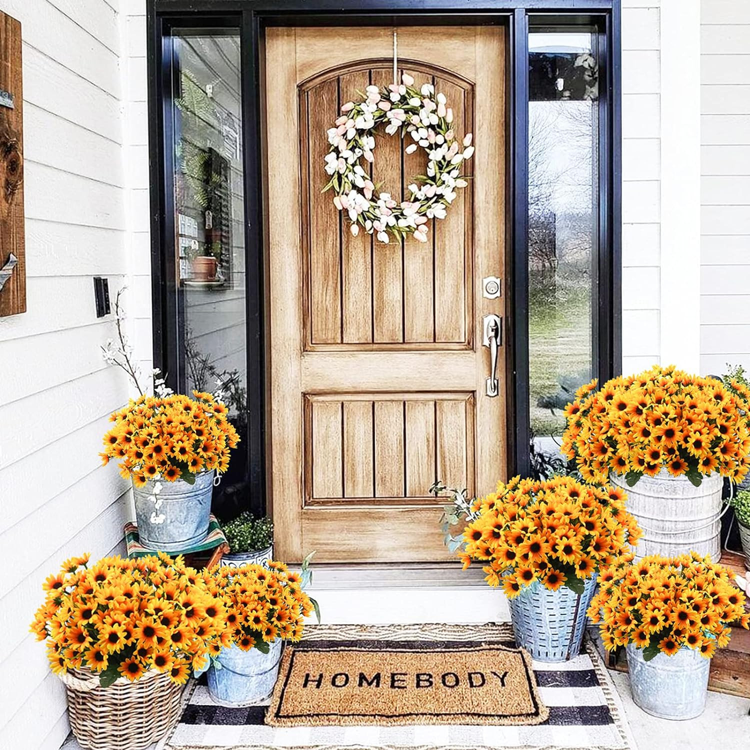 6 Bundles Artificial Sunflowers Daisy Mums UV Resistant for Home Wedding Garden