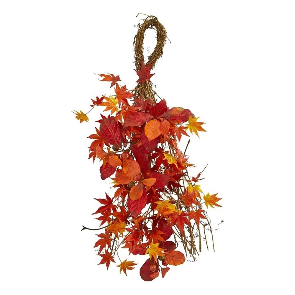 Nearly Natural 26″ Mixed Japanese MapleMagnolia Leaf & Berries Teardrop in Red