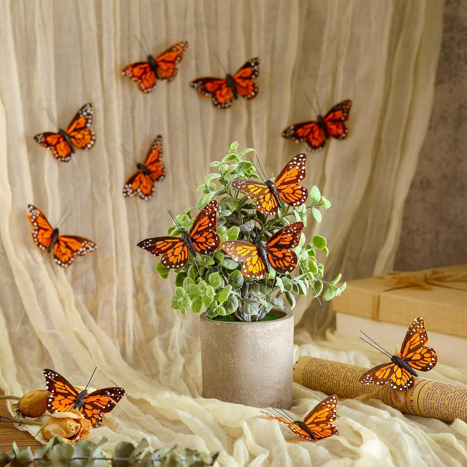 Ysleen 12 Set Monarch Butterfly Decoration Artificial Butterflies Feather Picks