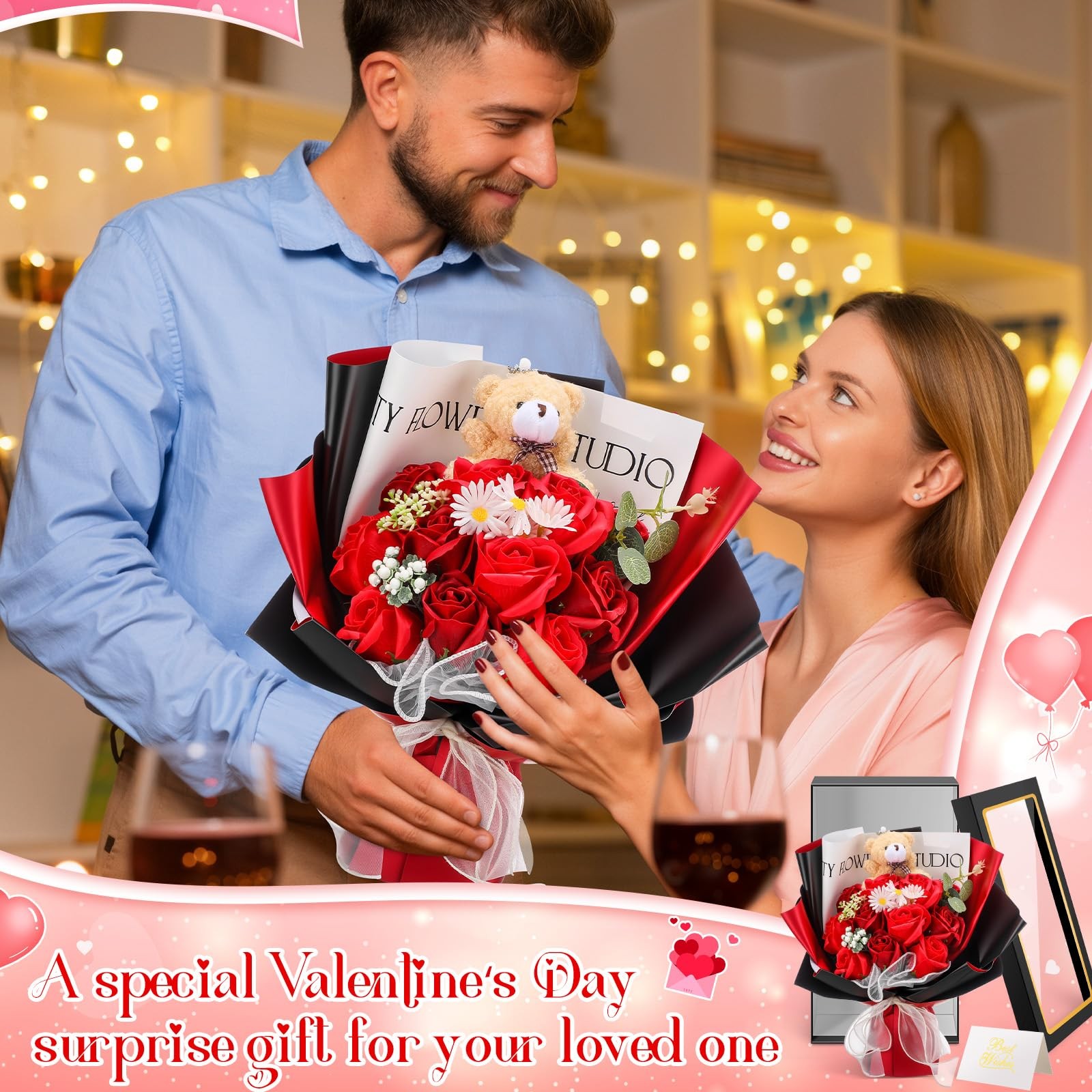 11 PCS Scented Soap Rose Bouquet Bear Gift Box Red Black 12.6×7.1 Inch Decor
