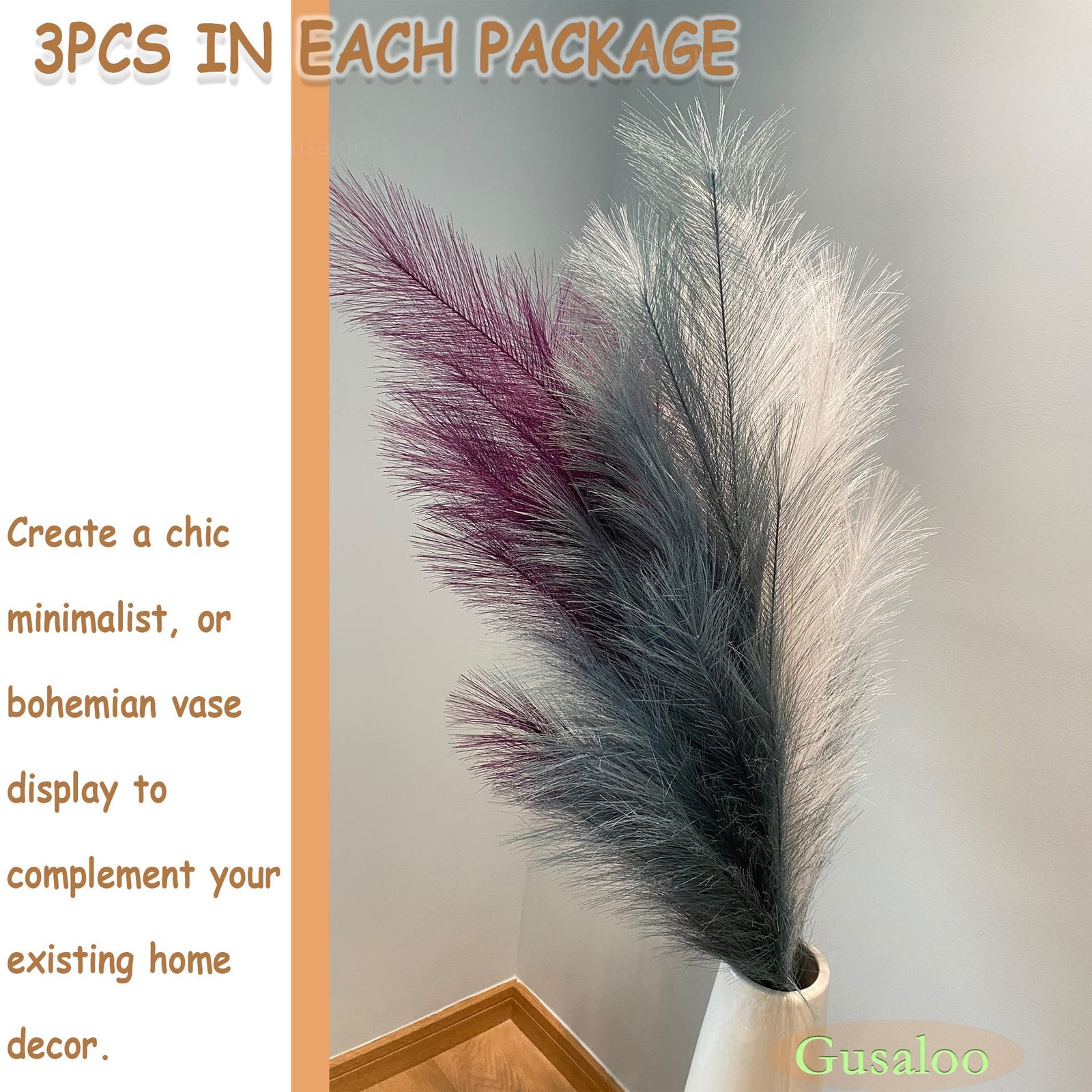 Artificial Faux Pampas Grass Large, 47″/120cm Bundle of 3 Fake Artificial Pam…