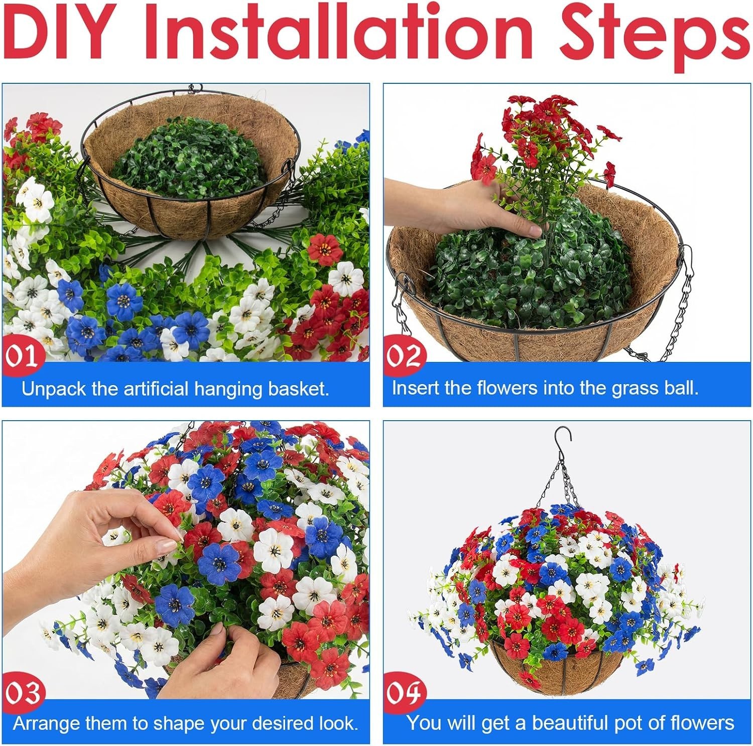 2-Pack Artificial Outdoor Flowers in Red, White, Blue